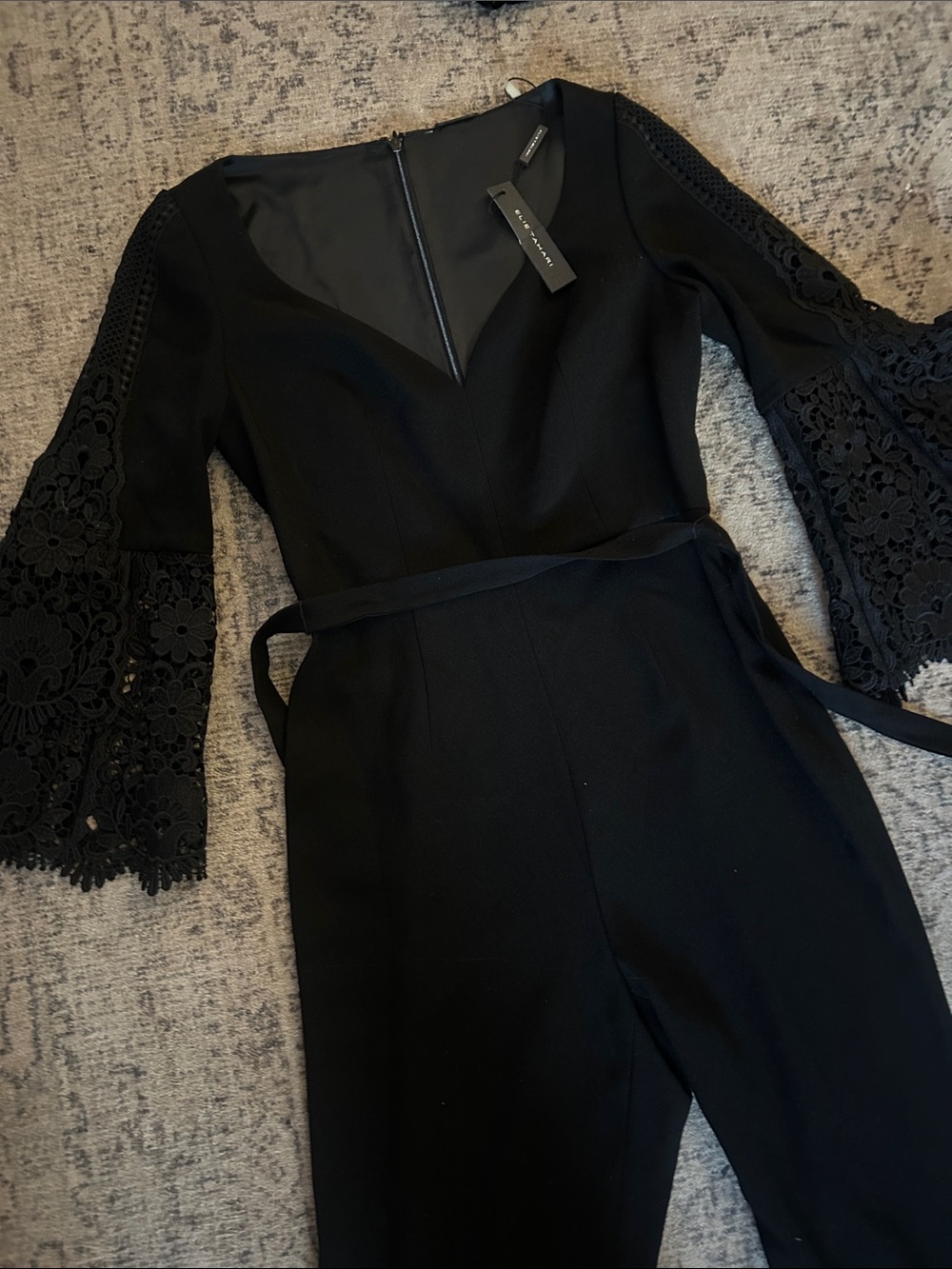 Elie Tahari Womens Size 2 Jumpsuit Tina Lace Sleeve Roll Tap Sleeve Black NEW - Picture 2 of 8
